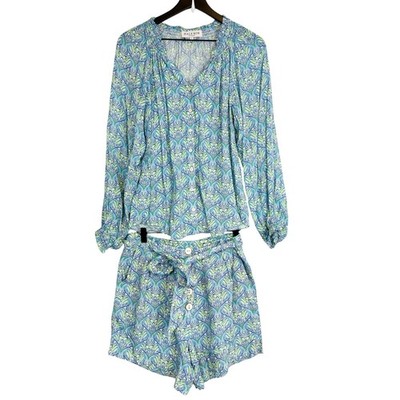Hale Bob Sabria High Waist Shorts + Blouse Set Blue Green Print - S