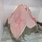 Vintage Meyda Tiffany Fabric & Fringe Shade Hanging Lamp  Pink Glass Beads Read