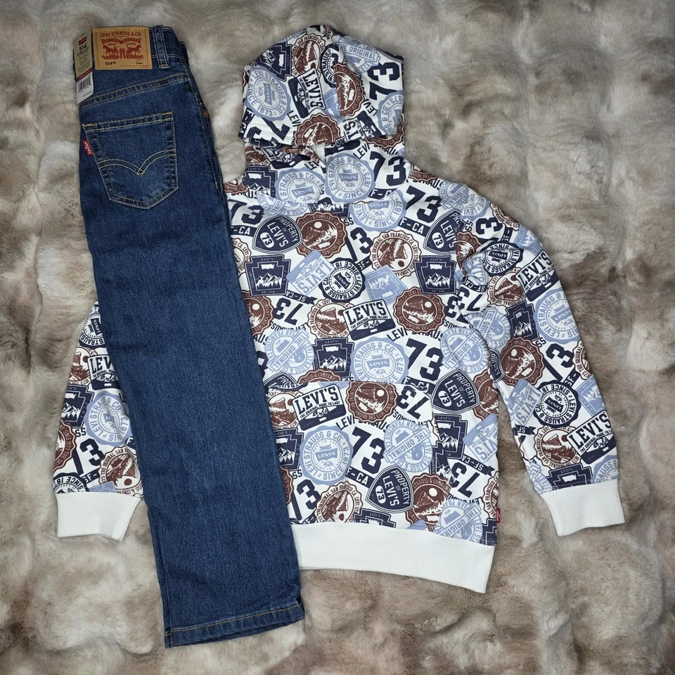 Levi's felpa manica lunga con cappuccio e jeans denim set 2 pezzi blu taglia 6 bambino nuovo con etichetta - Immagine 2 di 4