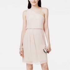 Adrianna Papell Pink Blush One-Shoulder Chiffon Cocktail Blouson Dress SZ 16