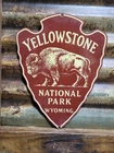 VINTAGE YELLOWSTONE PORCELAIN SIGN OLD NATIONAL PARK WYOMING BISON ARROWHEAD 12"