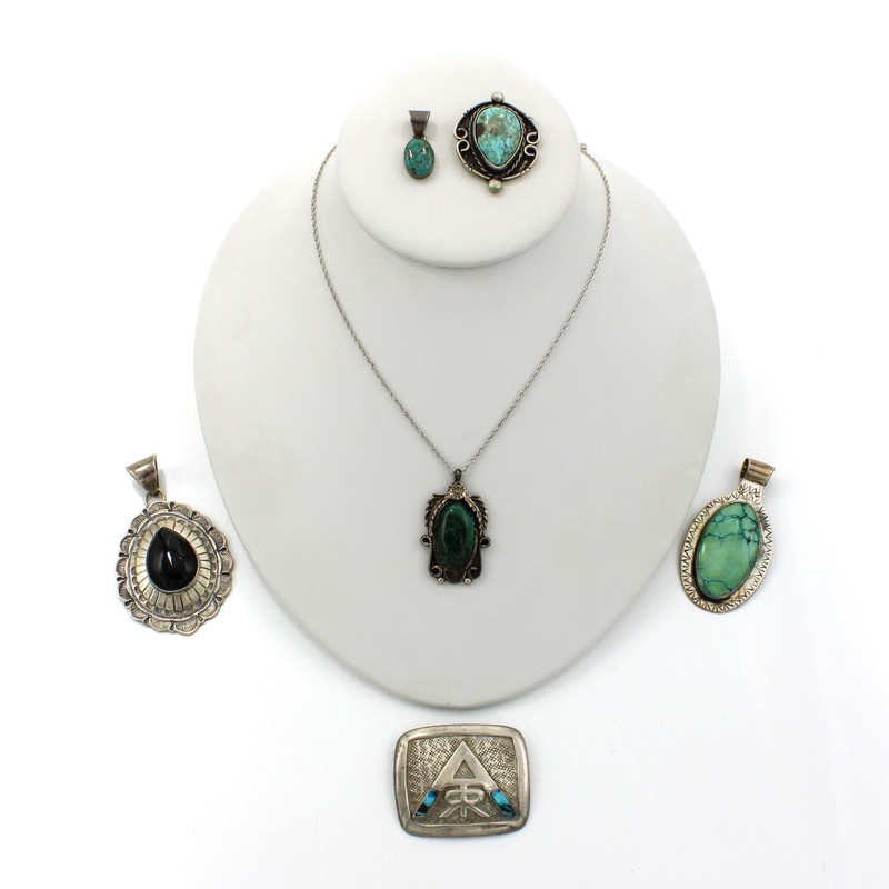 Southwest Signed Sterling Turquoise Onyx Rope Pendant Necklace Lot of 6 #S5647-5