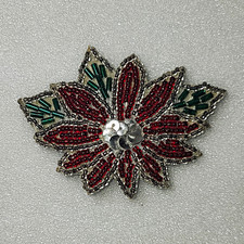 Beaded Flower Brooch Pin Silver Tone Metal Beads Red Green Flowers 3 in