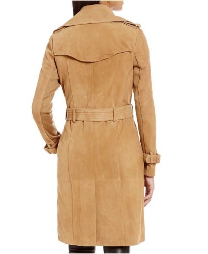 Katherine Kelly Sally Natural Suede Double Breasted Buttons Belt Trench Coat M - Picture 3 of 3