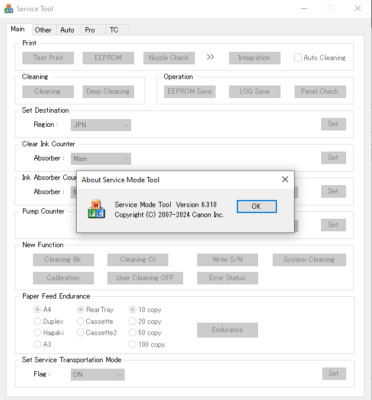 Reset Canon, Service tool canon v6310, E, G, IB, IP, IX, MB, MG, MX, TS, T