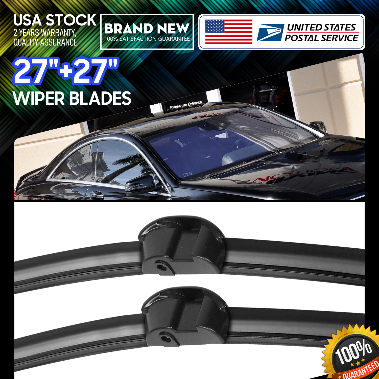 27''+27'' Quality Bracketless Windshield Wiper Blades Side lock Pair All Season