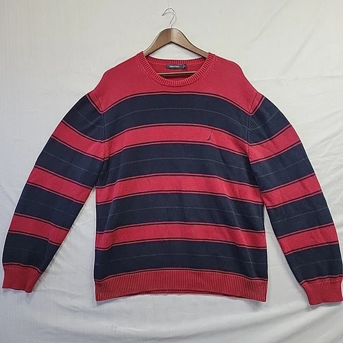 Nautica Men's  Knit Sweater XL Navy Red Border VINTAGE Urban Street Ware 90's