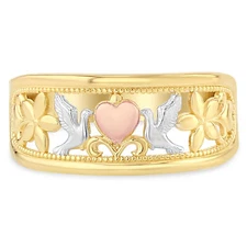 Ioka - 14K Tri Color Solid Gold Fancy Dove and Heart Ring