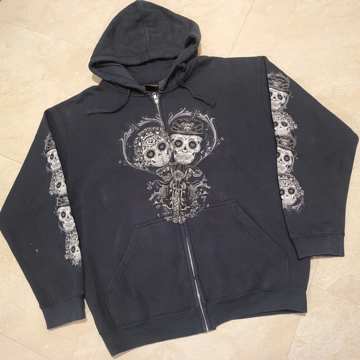 Hot Leathers Mens L Large Motorcycle Biker Sugar Skull Hoodie Sweatshirt Jacket