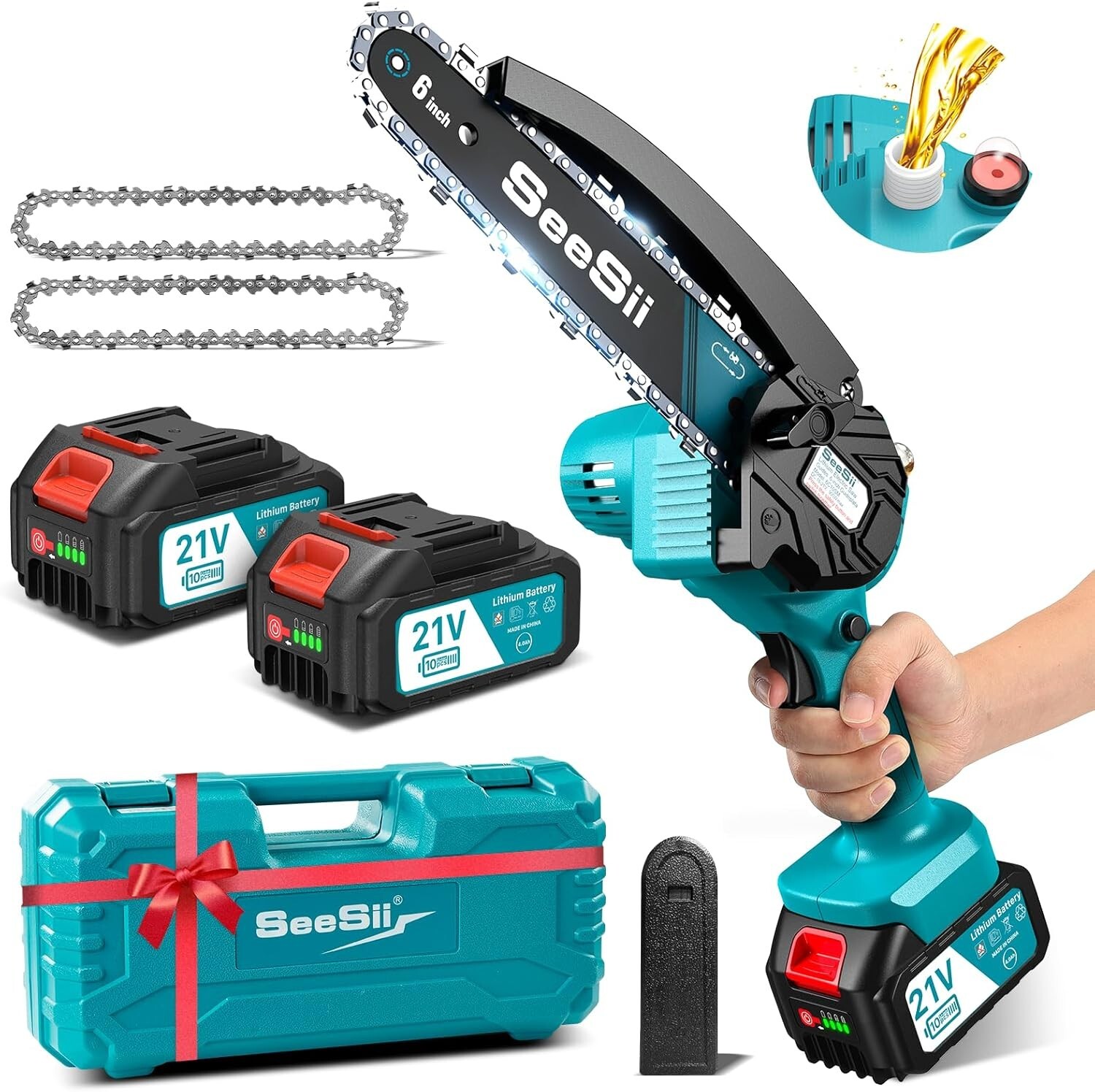 Mini Motosega Elettrica SeeSii CH600+ con 2 Batterie 2.0Ah e Valigetta
