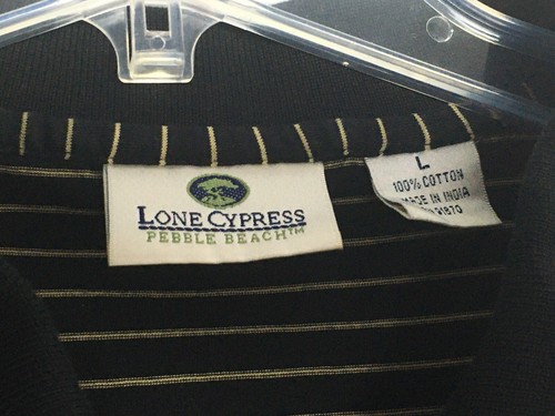 Lone Cypress By Pebble Beach Polo Men's Large Golf Shirt Black Tan Striped - Picture 2 of 3
