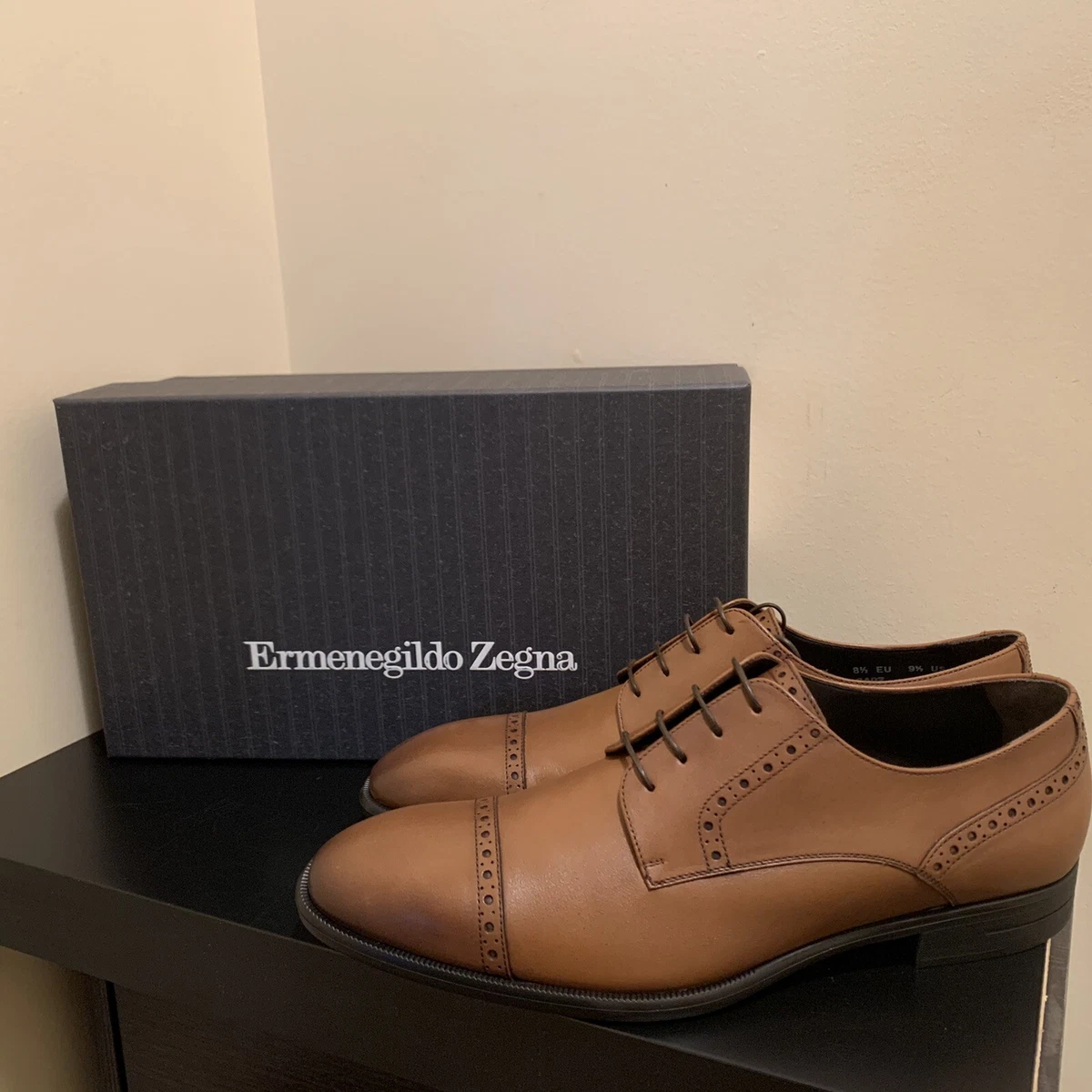 Ermenegildo Zegna Burnished Cap Toe Calfskin Derby Dress Shoes Size US 9.5