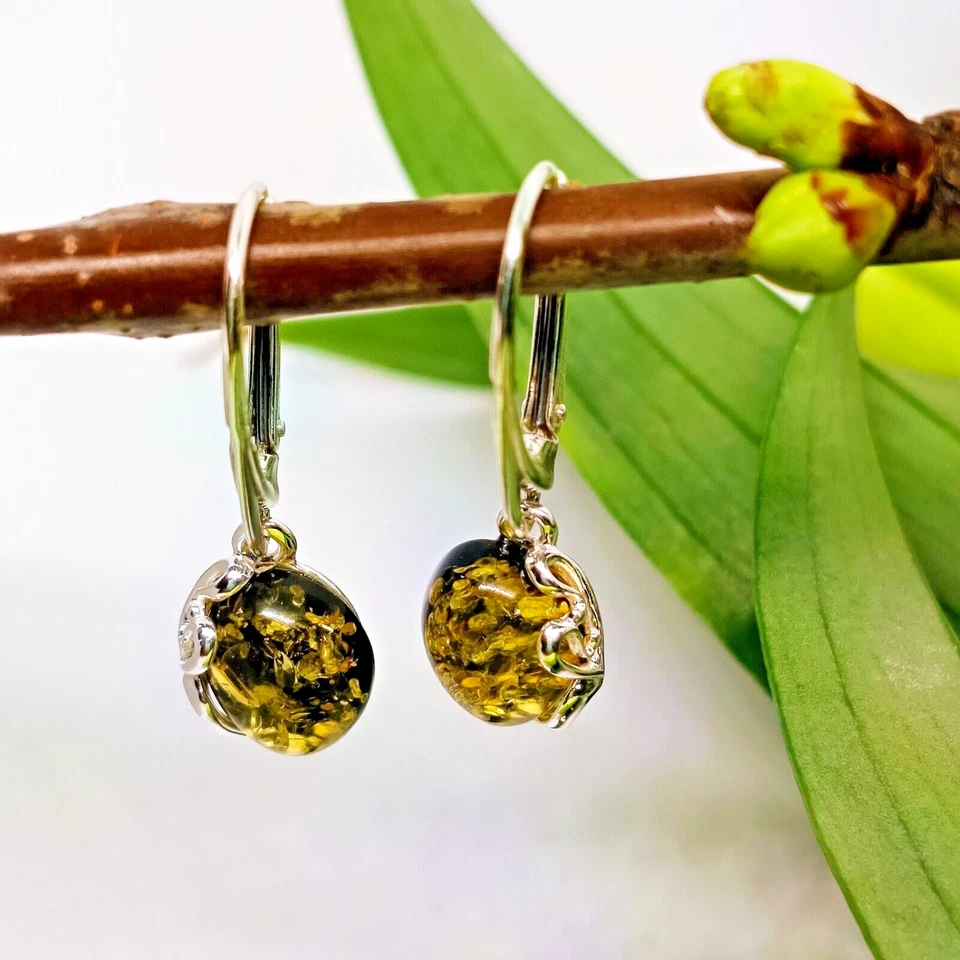 Ohrringe mit baltischem, grünem Bernstein, 925 Silber, handgefertigt & massiv - Bild 2 von 4