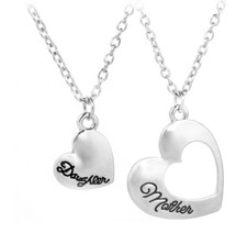 2Pcs Matching Necklace Set Mother Daughter Mom Family Hearts Love Silver Tone AE