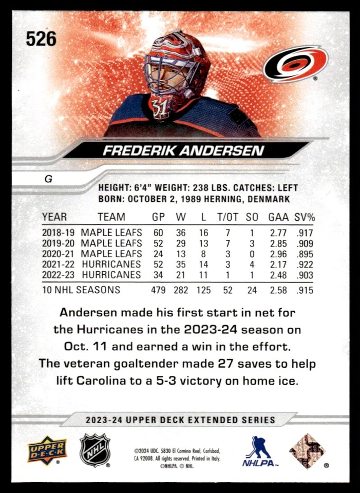 2023-24 upper deck extended series Frederik Andersen Carolina Hurricanes #526 - Image 2 of 2