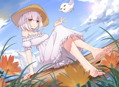 Anime girls barefoot feet legs dress sitting short hair Playmat Gaming Mat Desk