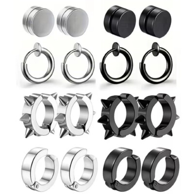 PAAR FAKE OHRRINGE NON PIERCING SCHWARZ SILBER PUNK EDELSTAHL EARRING CLIP ON