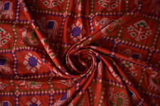 FNC Vintage Saree Indian Red Hand Woven Patola Blend Silk Sari Craft Fabric 5YD.