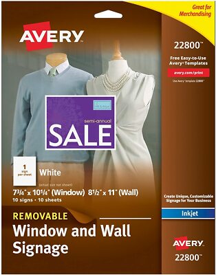 AVERY Removable Window & Wall Signage, Inkjet, 8.5'' x 11'', White, 10ct (22800)