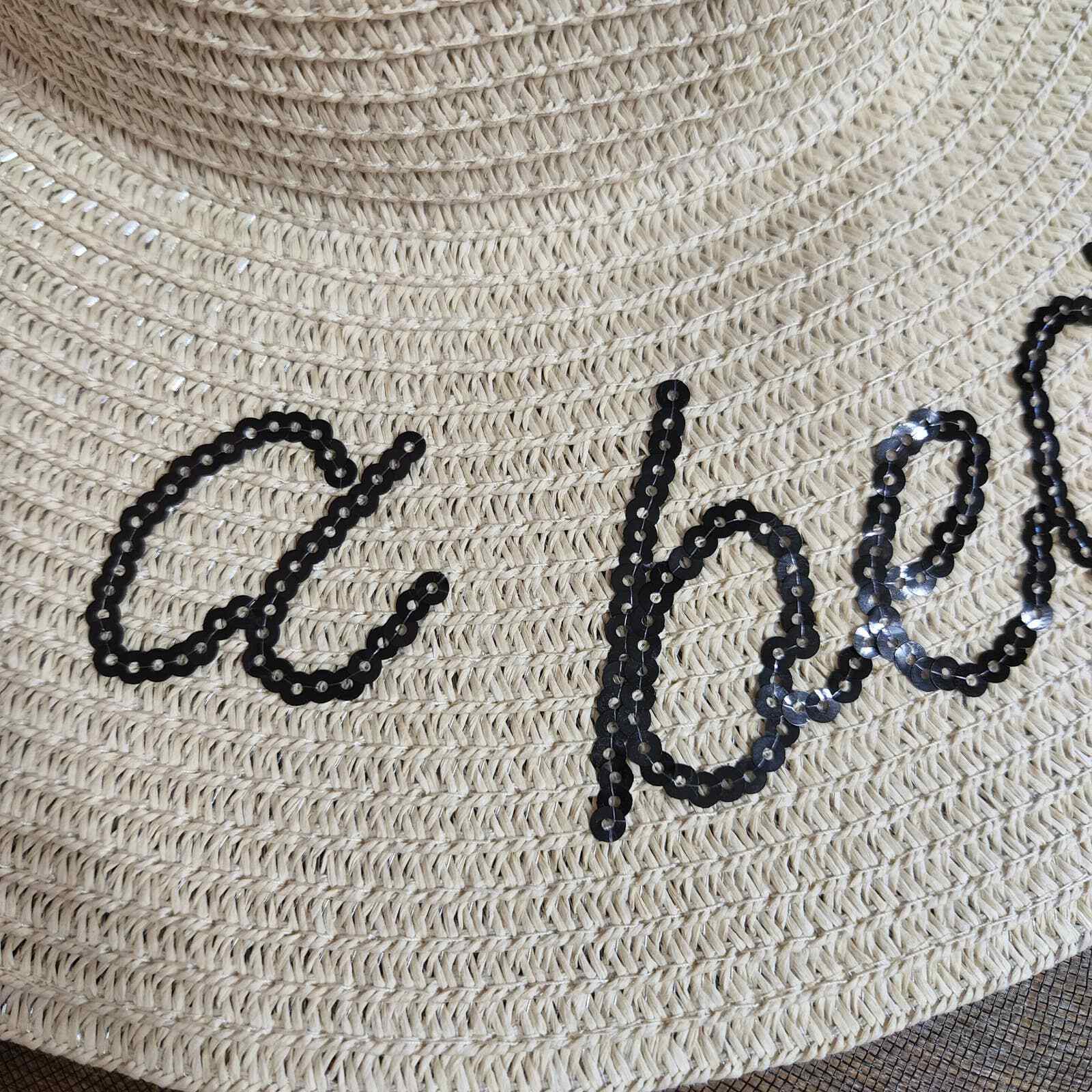 Lifes a Beach Sequined Straw Wide Brim Hat Black … - image 5