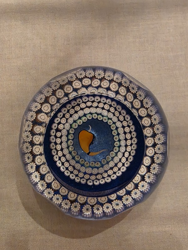 Vintage 3" Millefiori Art Glass Paperweight - Cobalt Blue with Orange...