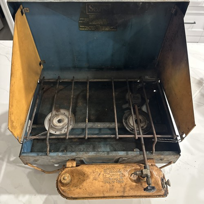 #ad Vintage Sears Camp Stove Blue 2 Burner 47674960 Made In USA Restore Project Rare $85.00