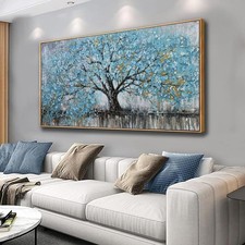 Tree of Life Teal Blue Abstract Canvas Wall Art 20x40 Framed Modern Nature Decor