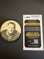 Johnny Bower Signed Toronto Mapleleafs Photo Hockey Puck JSA Certified