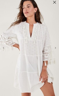 BNWT Accessorize Beach Holiday Linen Mix Dress Dobby Tassel Trim Boho  XS 4-6