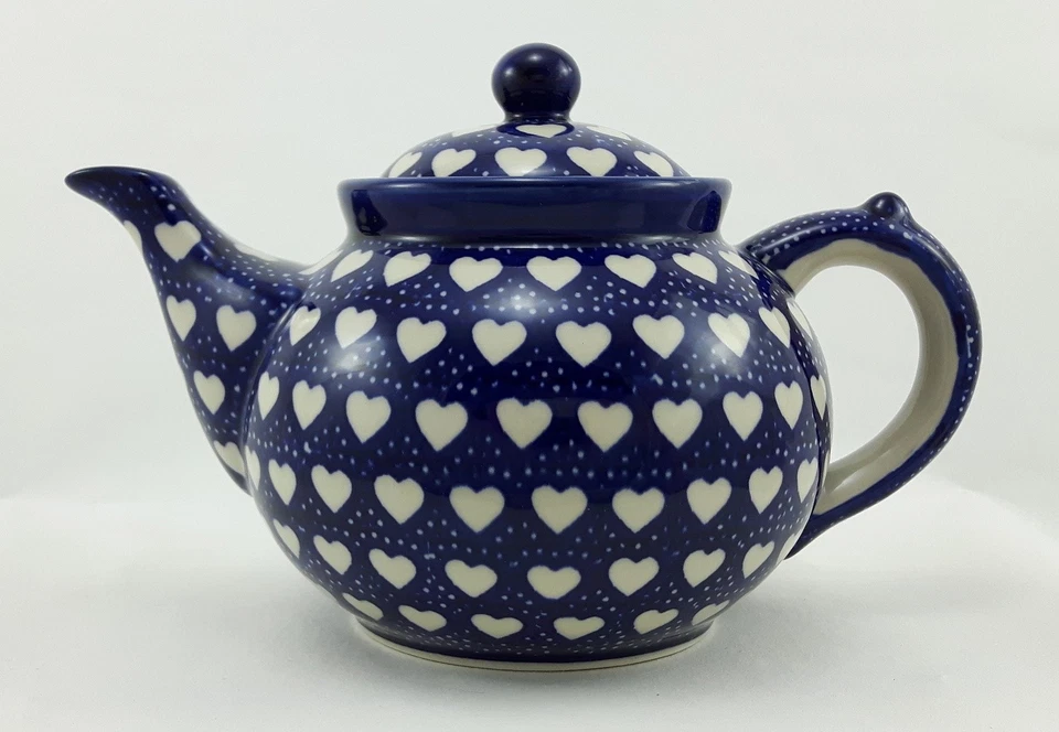 Bunzlauer Keramik Teekanne, Kanne für 1,3Ltr. Tee, Herzen, blau/weiß (C017-SEM) - Bild 1 von 4