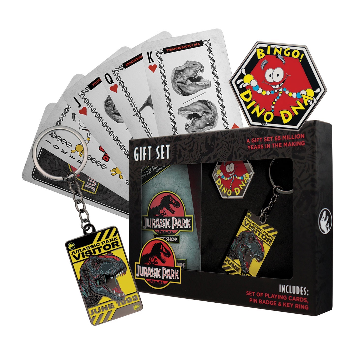 Jurassic Park Unisex Multicolor Officially Licensed Gift Set - Playing Cards, Keyring, Pin Badge - Image 2