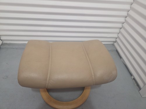Ekornes Stressless Tan Colored Leather Ottoman | Tilt Function | Wood Base