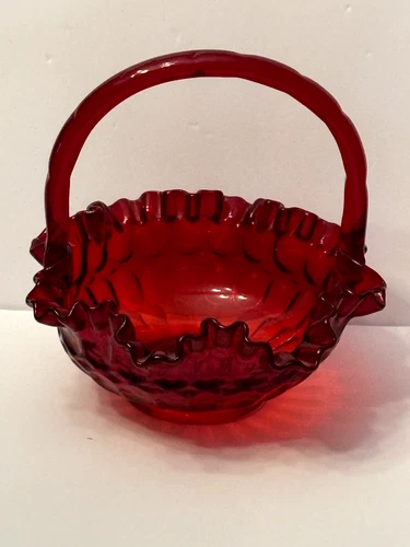 Vintage Fenton Ruby Red Glass Basket Fluted Edge with Original Price Tag