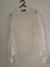 BOOHOO White High Neck Top – Organza Polka Dot Mesh Sleeves – Size 10