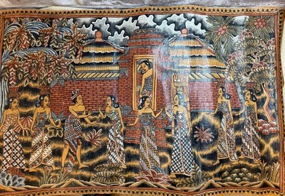 Large Vintage Balinese Kamasan Painting On Canvas Hand Painted 33.25 x21 