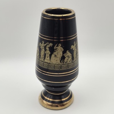 Vintage KE GRIECHENLAND schwarze Porzellan Vase 24k Gold griechische Mythologie handgefertigt