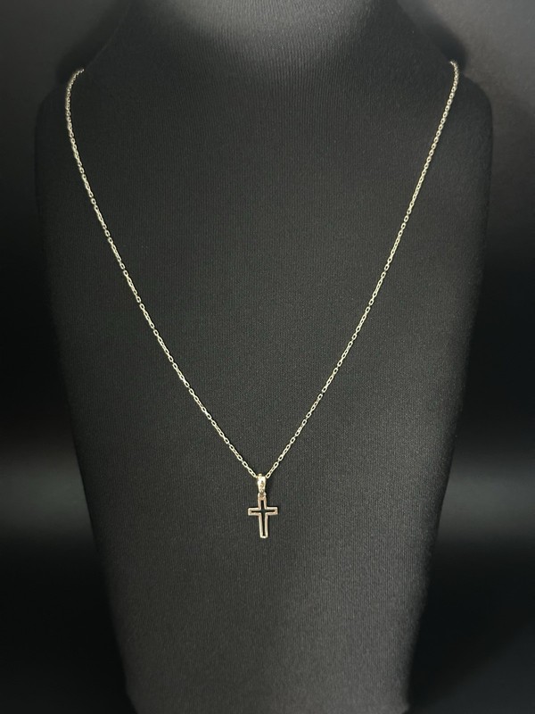 1mm ,14K Solid Yellow Gold Cross Pendant Necklace-18" Forze Chain-1.76g 585 Gold
