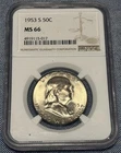 1953-S 50 C NGC MS 66 Franklin Half Dollar 90% Silver End Of Roll Toner.