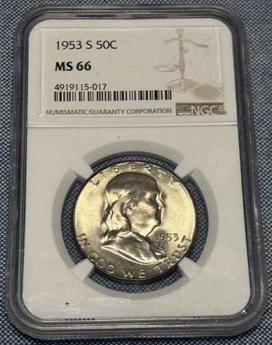1953-S 50 C NGC MS 66 Franklin Half Dollar 90% Silver End Of Roll Toner.