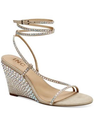 INC Womens Beige Strappy Rhinestone Ren Round Toe Wedge Buckle Heeled Sandal 8 M