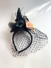Spooky Village Halloween Witch Hat Headband with Black Sequin Veil and Feathers