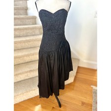 Vintage 80s Jessica McClintock Gunne Sax Black Lace Drop Waist Sweetheart Gown