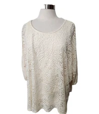 Ava James Woman Top 1X Beige Yellow Crochet Lace Lined Pullover Stretch Knit 