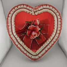 ​Vtg Brach's Heart Candy Box Red Satin Lace Roses Empty Valentine 1980s Decor 