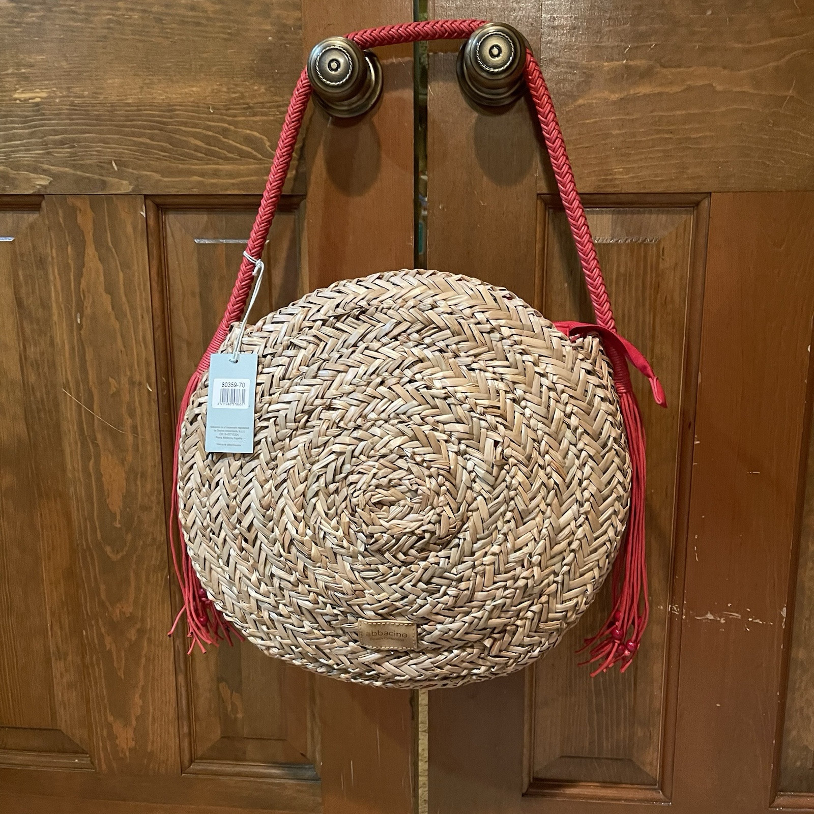 Bacon Beach Round Palm Tote with Red Braided Handle Fringe and Beads