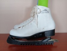 Lake Placid Vintage Ice Figure Skates Size 9 White Blade Covers Lace Up Leather