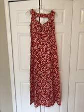 VTG 70s LIBERTY HOUSE Malama Maxi Dress Hawaiian Red White Floral Open Back EUC