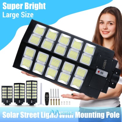 Commercial 11000W Solar Street Light Outdoor IP67 Dusk-to-Dawn Road Lamp w/ Pole
