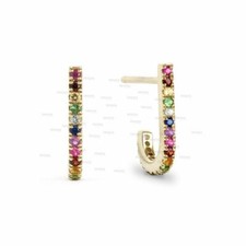 0.40 Ct. Genuine Multi Sapphire Gemstone Rainbow Suspender Hoop Earring in 14...