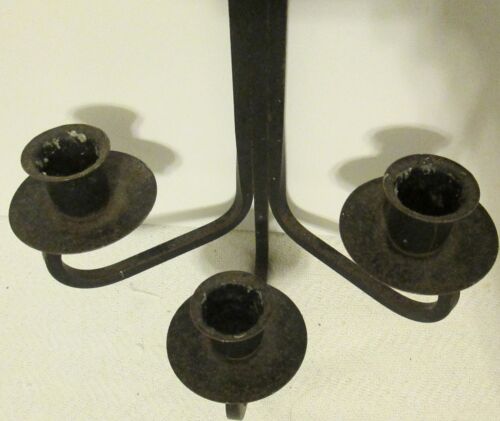 Vintage 16" Wall Sconce Hanging Black Wrought Iron Triple Taper Candle Holder - Picture 3 of 5